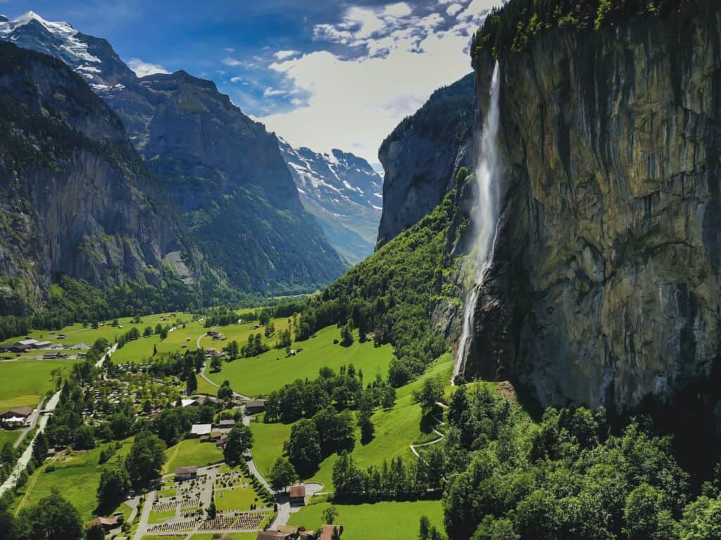 Aerial View of the valley and Staubbachfalls above Lauterbrunnen