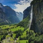 Aerial View of the valley and Staubbachfalls above Lauterbrunnen