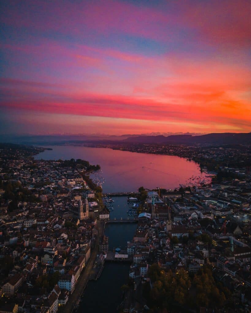 Sunset atmophere and Zurich city from above