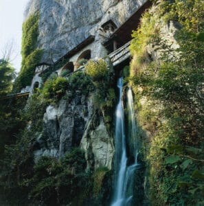 Waterfall and restaurant at the Beatus Caves