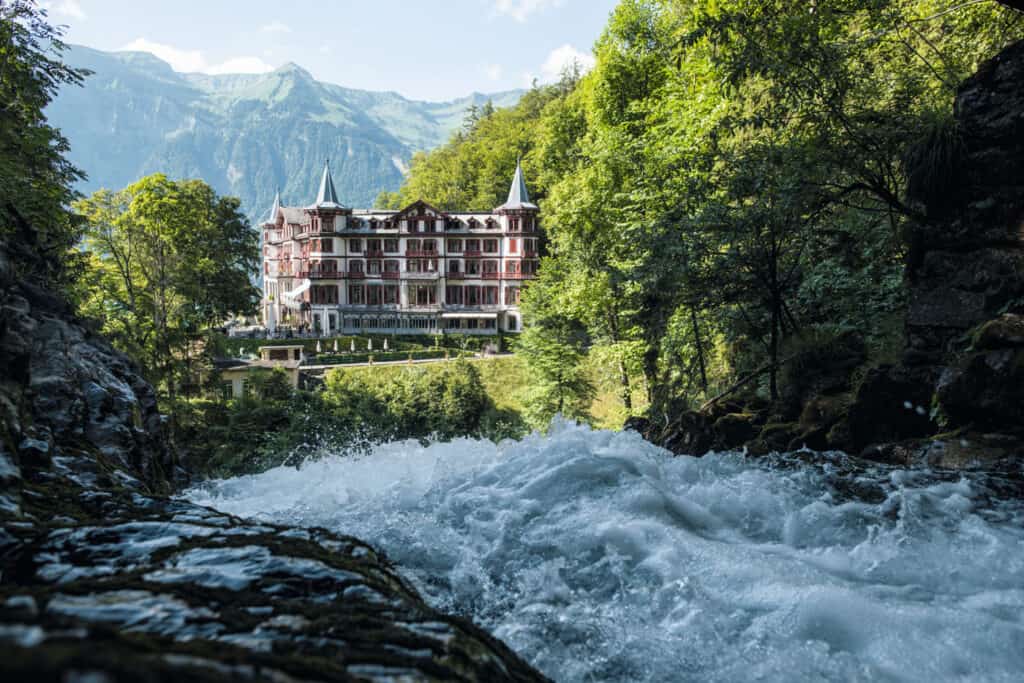 Giessbachfalls with Grand Hotel Giessbach in the background