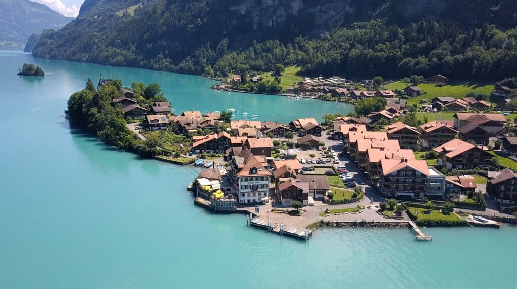 Aerial view of Iseltwald Village at Lake Brienz