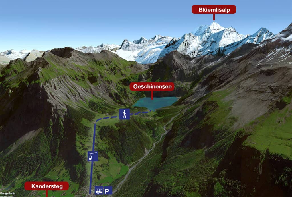 Graphic visualizing the cableway and path from Kandersteg to Lake Oeschinen