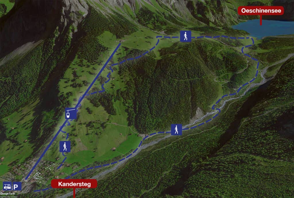 Graphic showing the hiking trails from Kandersteg to Lake Oeschinen