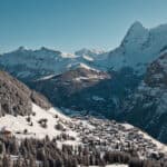 Murren village in winter with impressive views to Eiger, Mönch and Jungfrau
