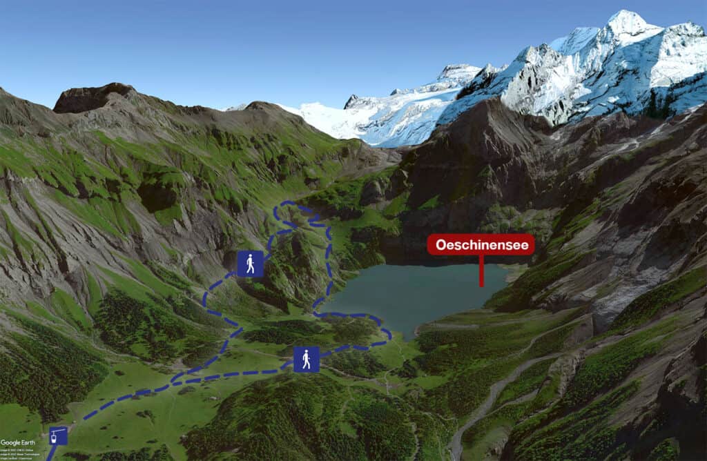 Graphic which shows the Oeschinensee panoramic hike - Heuberg - Oberbärgli