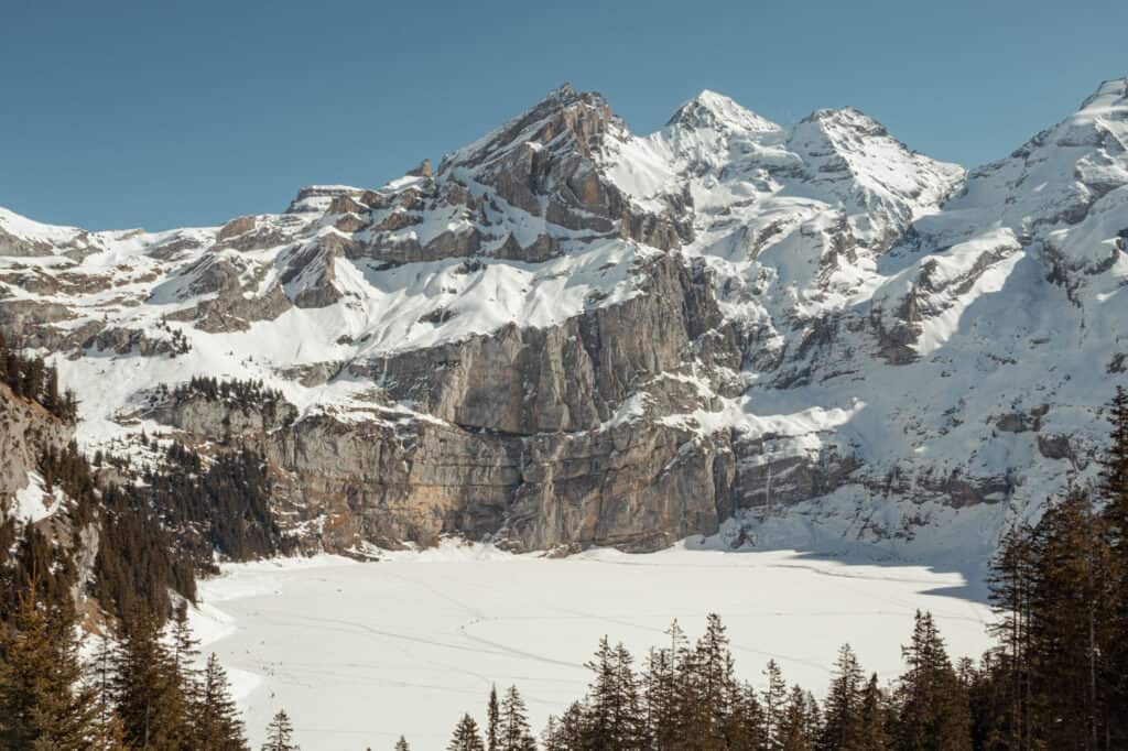 Frozen and snow covered Lake Oeschinen in winter