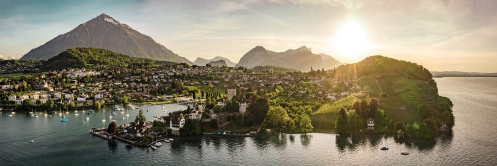 Scenic sunset with the bay of Spiez at Lake Thun