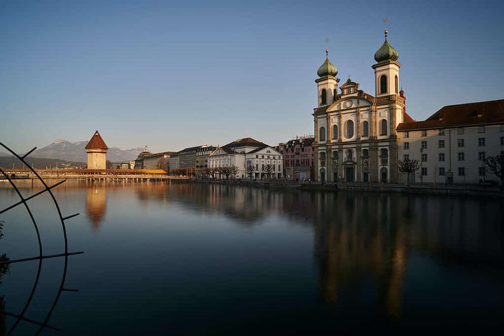 The Jesuit Church in Lucerne at Reuss river
