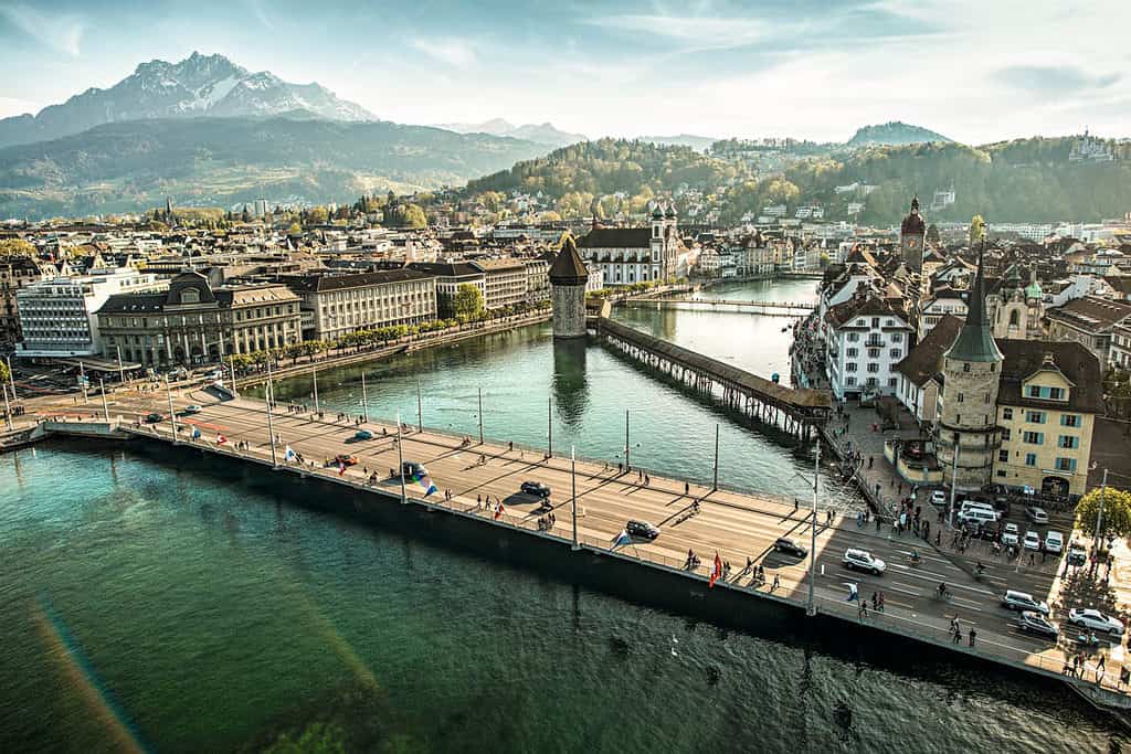 Aerial view of lucerne and chapel bridge