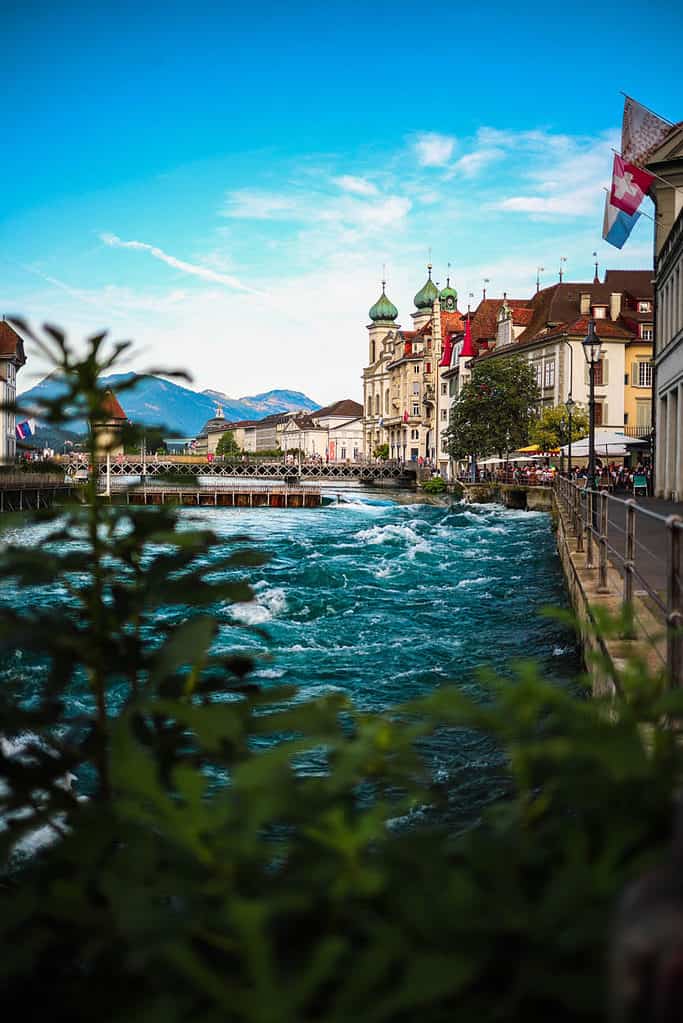 Reuss river with the city lucerne in the background