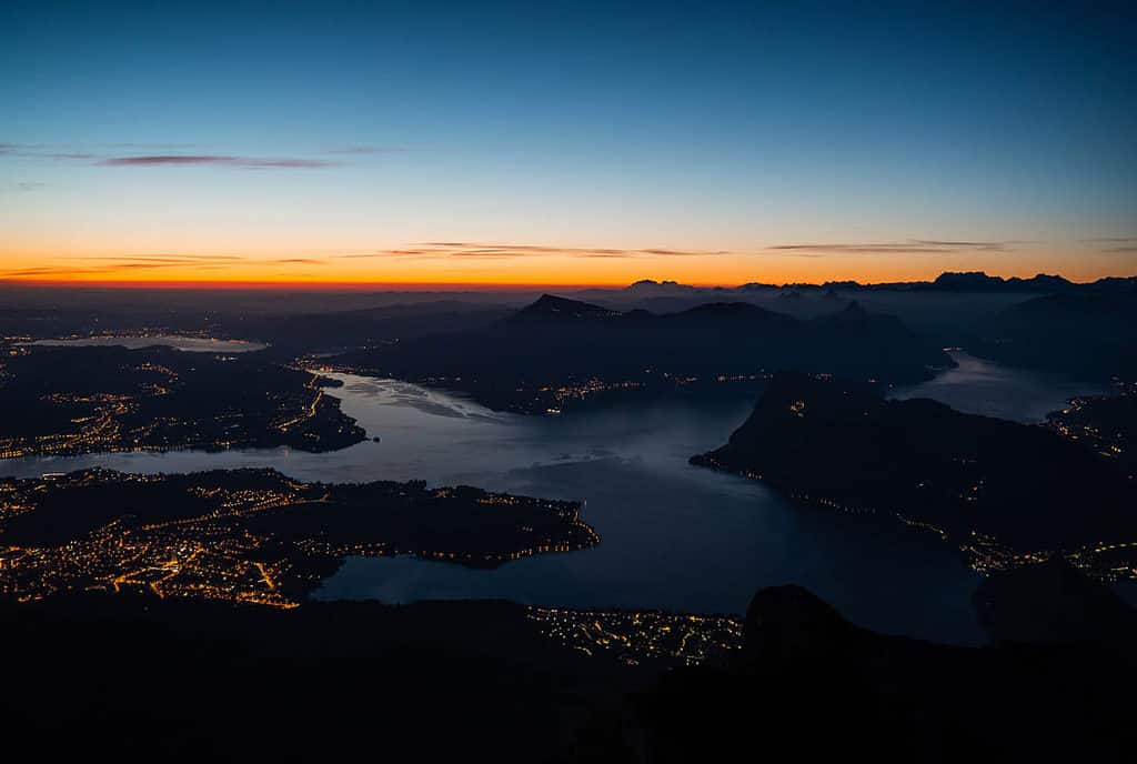 Lake lucerne view at dawn from pilatus mountain