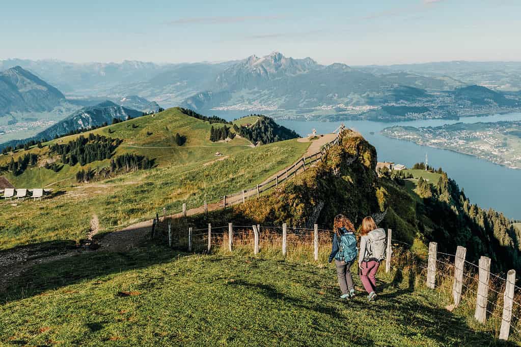 Hiking path with scenig view of Lake Lucerne on Rigi mountain