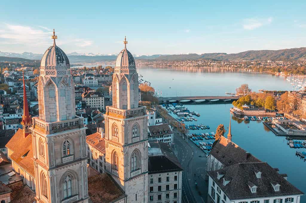 Aerial view of the Grossmünster towers in Zurich