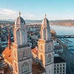 Aerial view of the Grossmünster towers in Zurich