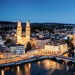 Aerial Panorama of Zurich after sunset