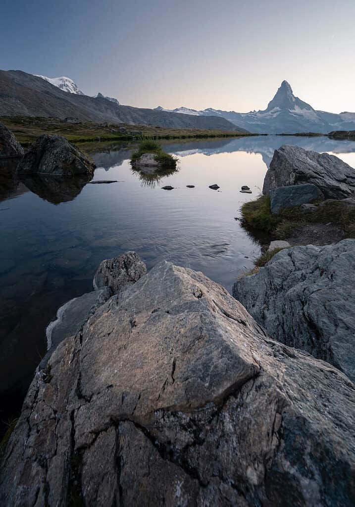 Scenic view from Riffelsee Lake in Zermatt with the Matterhorn