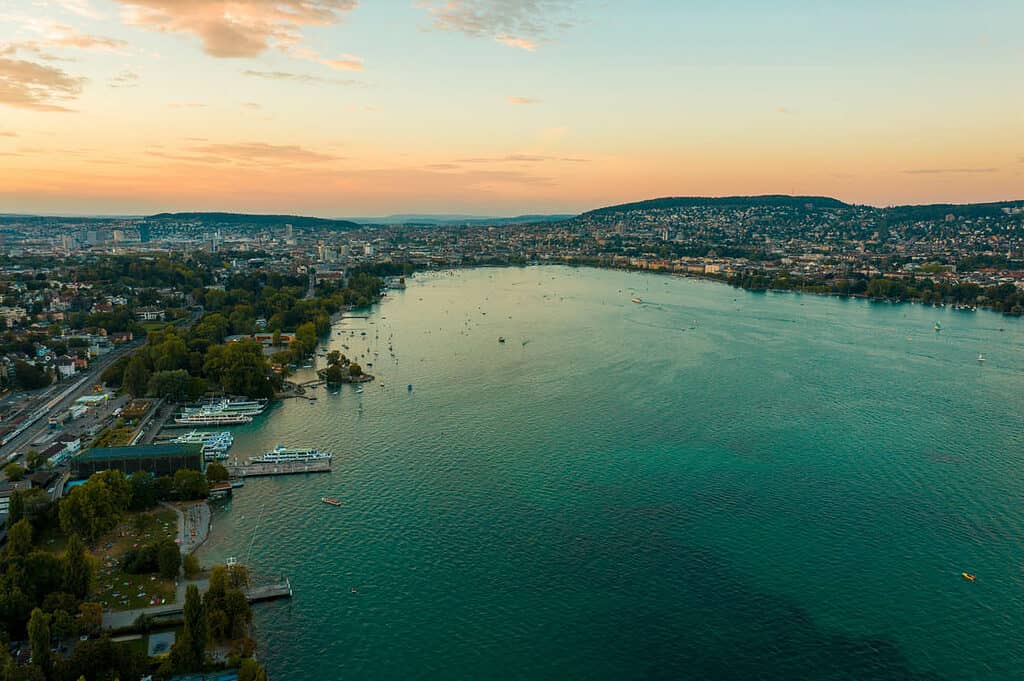 Aerial view of Lake Zurich with the city in the background