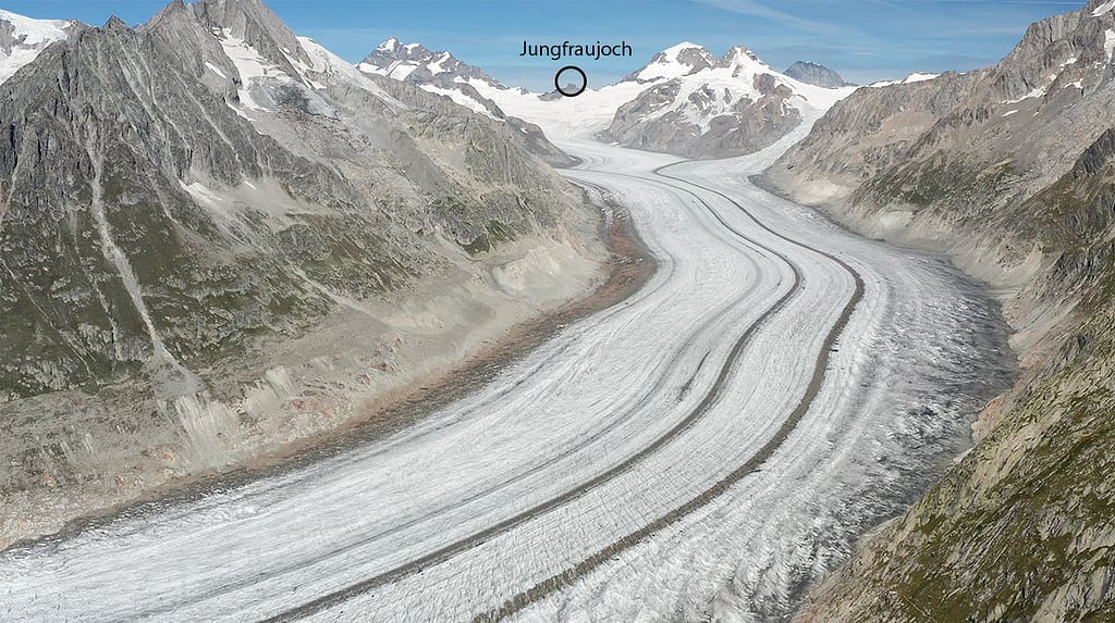 the great aletsch glacier seen from valais with a marking where jungfraujoch is located