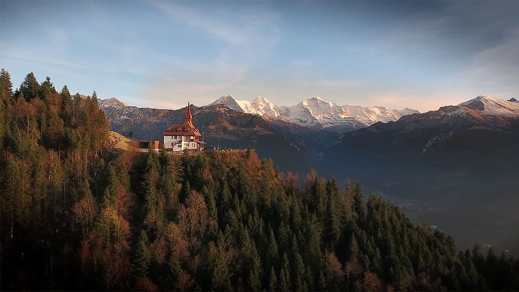 Harder kulm with the bernese alps in the background seen from a drone