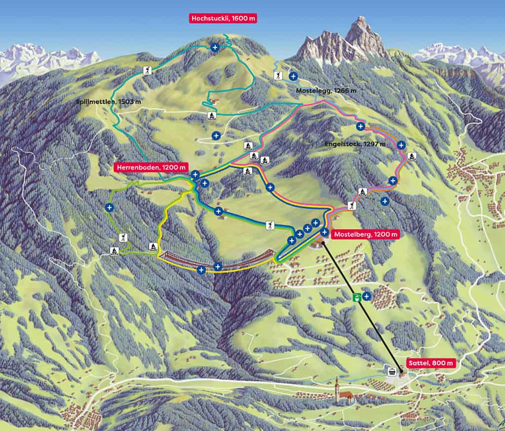 Illustrated map of the sattel Hochstickli area