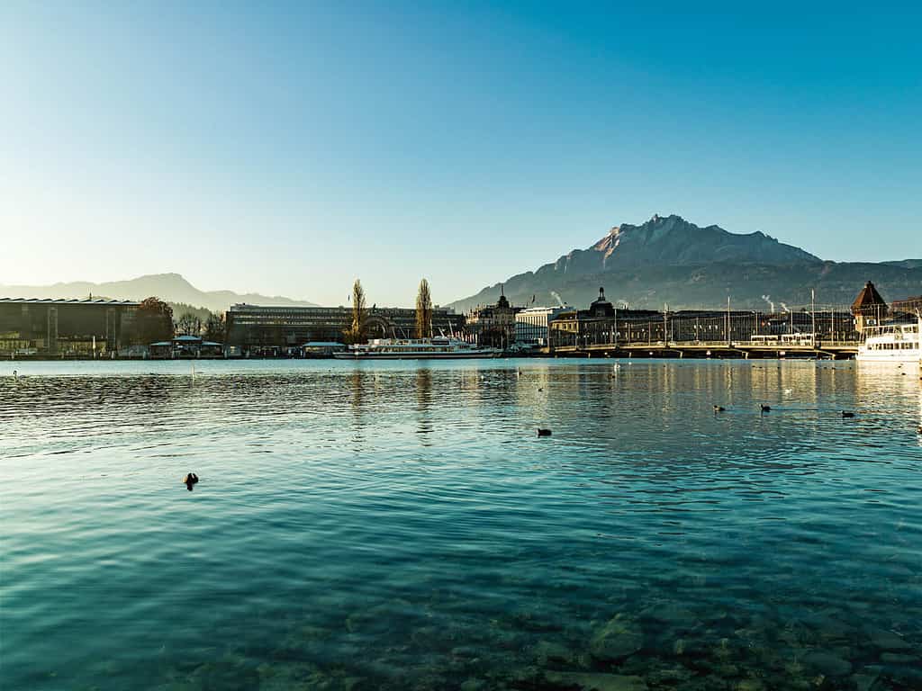City of Lucerne with KKL, railway station and Mount Pilatus in the background.