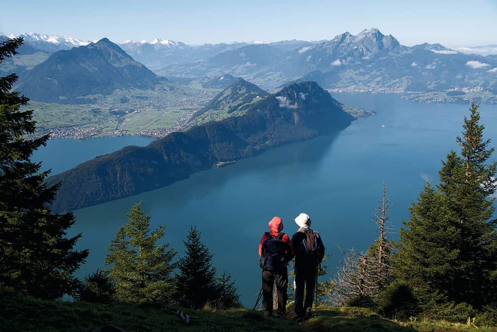 Hiking with scenic views of lake lucerne at rigi mountain