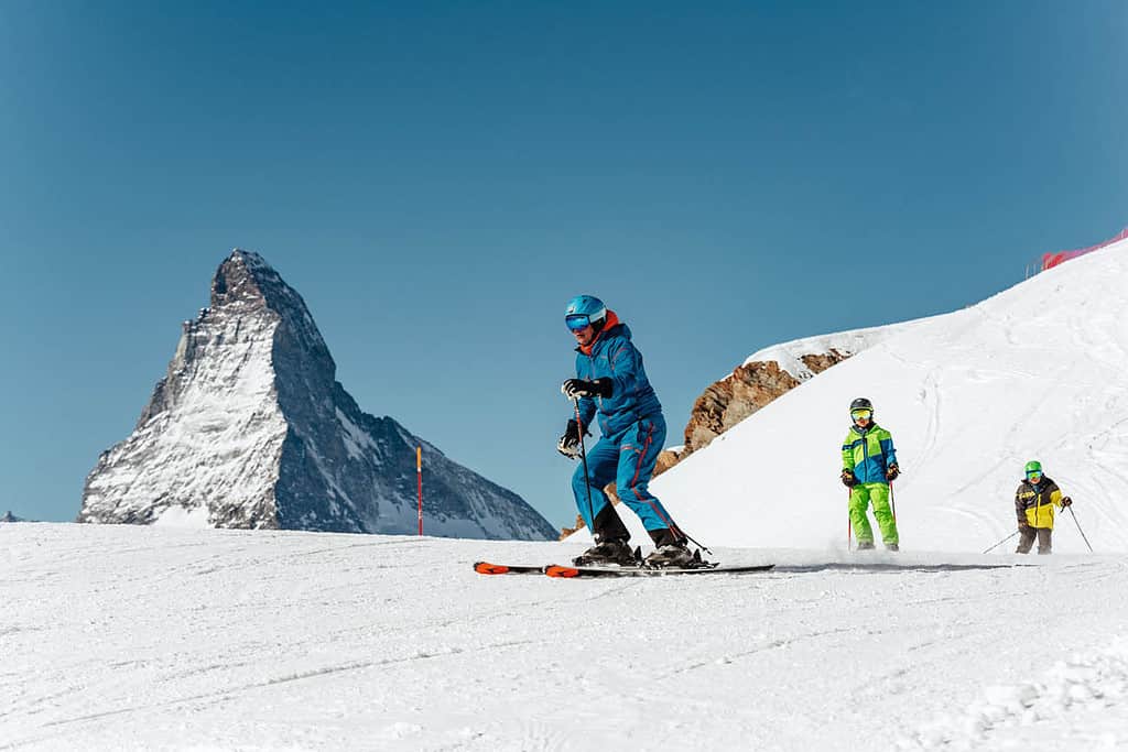 Skiing in front of the matterhorn in zermatt