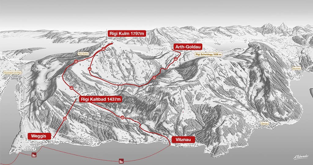 Illustrated Map of the different options to reach Mount Rigi from Lucern