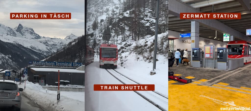 graphic showing the parking in täsch, and the train shuttle to the zermatt train station