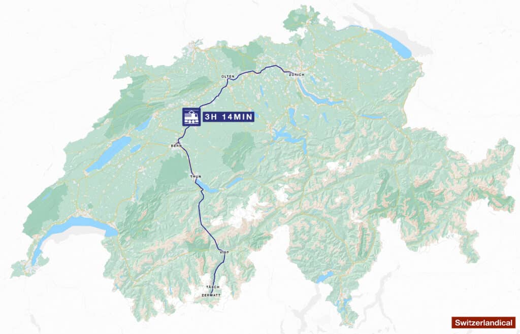 graphic with the train service from zurich to zermatt on a switzerland map