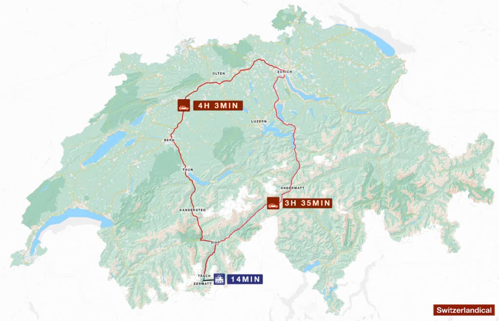 graphic with the car routes from zurich to zermatt on a switzerland map
