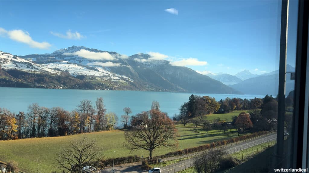 photo I took on the train to spiez, with a scenic view of lake thun and mountains
